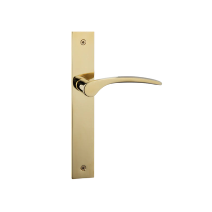 Polished brass curved door lever on long backplate with modern minimalist design