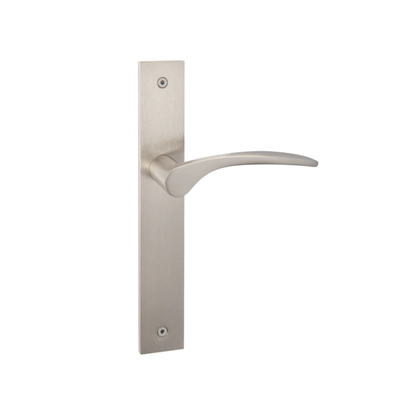 Satin nickle curved door lever on long backplate with modern minimalist design