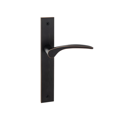 Venetian bronze curved door lever on long backplate with modern minimalist design